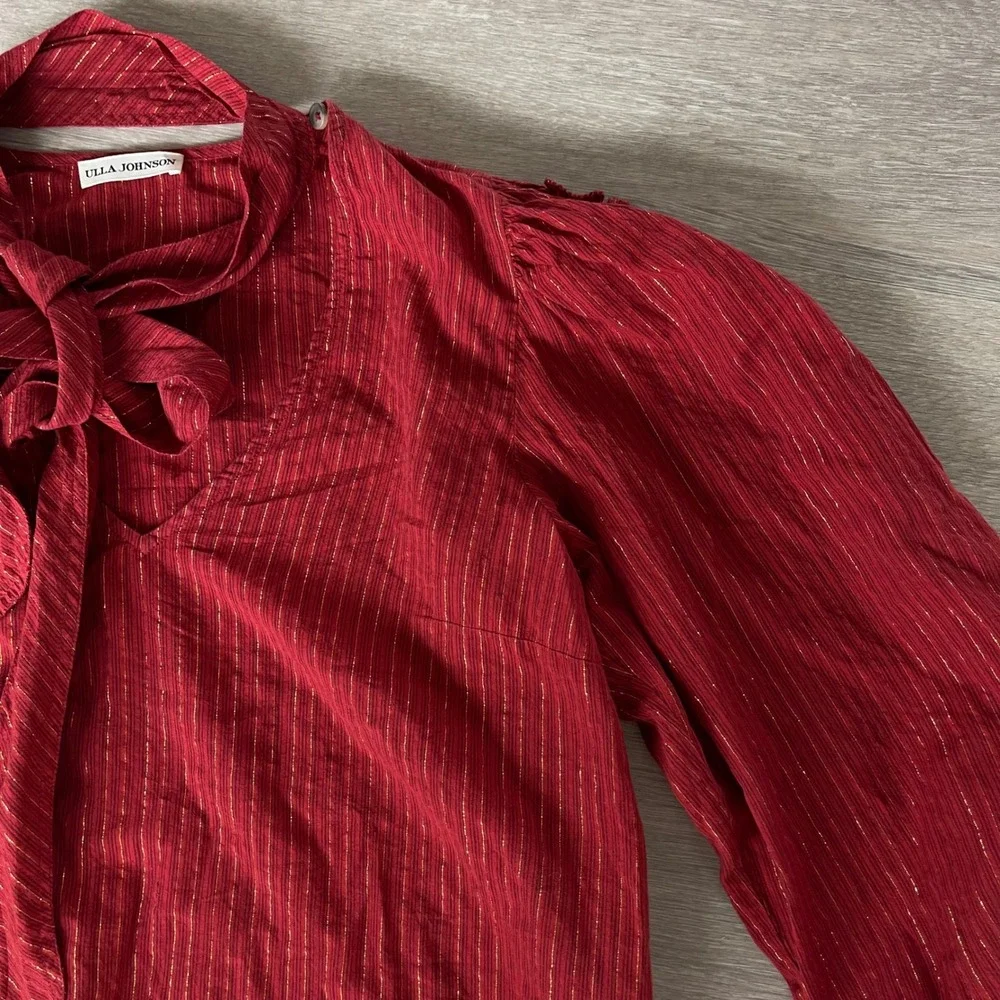 Ulla Johnson Julie Blouse Size 6 Red Gold Tie Neck Puff Sleeve‎ Metallic Stripe